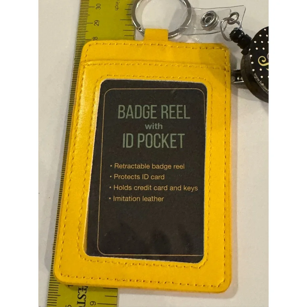 Boogee Beads Yellow Faux Leather Retractable Badge Reel ID Pocket Happy Vibes